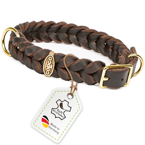 CopcoPet Fettleder Hundehalsband geflochten mit Dornschließe Messing Handarbeit aus Deutschland Lederhalsband Braun 15 mm Breite 25-29 cm Halsumfang von CopcoPet