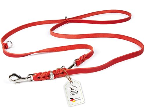 CopcoPet Fettlederleine für Hunde 3-Fach verstellbar Hundeleine aus weichem Leder mit Karabinern & Beschlägen aus Chrom geflochtene Führleine 100% Handmade in Germany 5,0 m x 10 mm Rot von CopcoPet