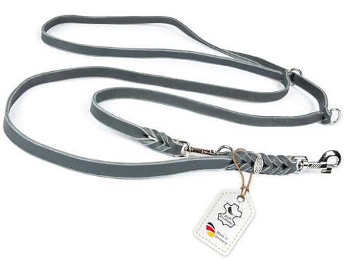 CopcoPet Fettlederleine für Hunde 3-Fach verstellbar Hundeleine aus weichem Leder mit Karabinern & Beschlägen aus Chrom geflochtene Führleine 100% Handmade in Germany 5,0 m x 15 mm Grau von CopcoPet