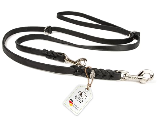 CopcoPet Fettlederleine für Hunde 3-Fach verstellbar Hundeleine aus weichem Leder mit Karabinern & Beschlägen aus Chrom geflochtene Führleine 100% Handmade in Germany 5,0 m x 8 mm Schwarz von CopcoPet