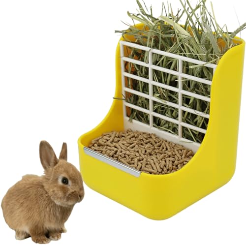 2-in-1-Futterstation für Meerschweinchen, Kaninchen, Heu-Futterspender für Meerschweinchen, Kaninchen, Chinchilla, Futterschalen für Gras und Futter (Gelb) von Copfeu