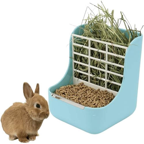 2-in-1-Futterstation für Meerschweinchen, Kaninchen, Heu-Futterspender für Meerschweinchen, Kaninchen, Chinchilla, Futterschalen für Gras und Futter (blau) von Copfeu