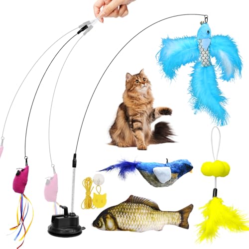 Corpower Interaktives Katzenspielzeug Angel, Katzenspielzeug Selbstbeschäftigung, Katzenangel Spielzeug mit Saugnapf, Federn, Vogel, Fisch, Katzenspielzeug Interaktiv von Corpower