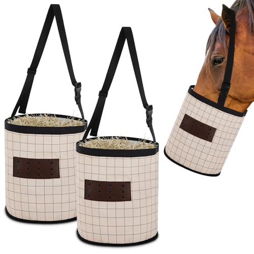 Cosblank Futterbeutel für Pferde, 33 cm tief, belüftet, Leder, Leinen, mit verstellbarem Riemen, wasserdicht, Heu-Futterzubehör, Sicherheit und auslaufsichere Klappe, 2 Stück Cosblank Futterbeutel für Pferde, 33 cm tief, belüftet, Leder, Leinen, mit verstellbarem Riemen, wasserdicht, Heu-Futterzubehör, Sicherheit und auslaufsichere Klappe, 2 Stück von Cosblank