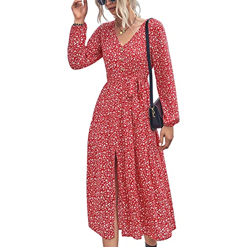 V-Ausschnitt, Blumen-Split-Kleid, Atmungsaktiv, Stilvoll, mit Riemen, Bund, Knopfdekoration, Langarm, Blumen-Split-Kleid für Dating, für Zuhause, Freizeit, für Mädchen (M) von Cosiki