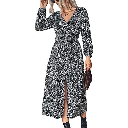 V-Ausschnitt, Blumen-Split-Kleid, Atmungsaktiv, Stilvoll, mit Riemen, Bund, Knopfdekoration, Langarm, Blumen-Split-Kleid für Dating, für Zuhause, Freizeit, für Mädchen (M) von Cosiki