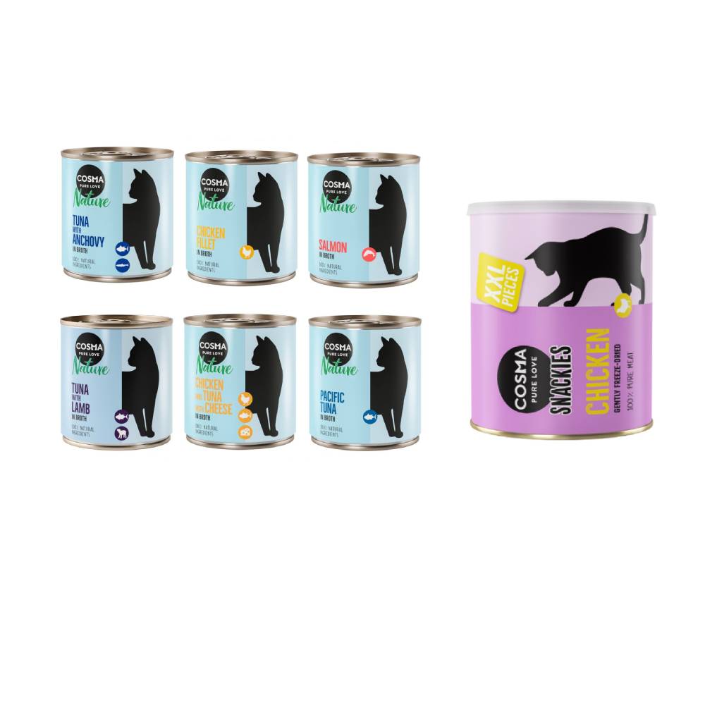 Cosma Kombi-Paket: 24 x 280 g Nature + 2 x 200 g Maxi Snackie XXL - Mixpaket 2 (6 Sorten) + Hühnchen von Cosma