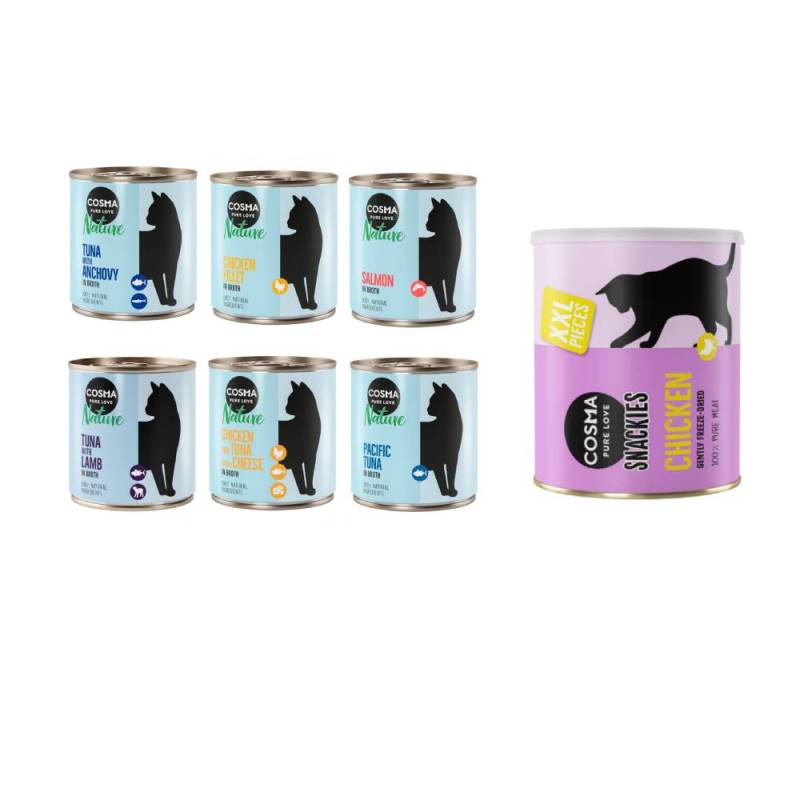 Cosma Kombi-Paket: 24 x 280 g Nature + 2 x 200 g Maxi Snackie XXL - Mixpaket 2 (6 Sorten) + Hühnchen von Cosma