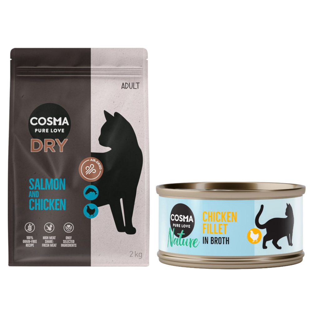 Cosma Kombi-Paket: Trockenfutter + Nature Nassfutter - 2 x 2 kg Lachs & Huhn + 24 x 70 g Hühnchenfilet Cosma Kombi-Paket: Trockenfutter + Nature Nassfutter - 2 x 2 kg Lachs & Huhn + 24 x 70 g Hühnchenfilet von Cosma