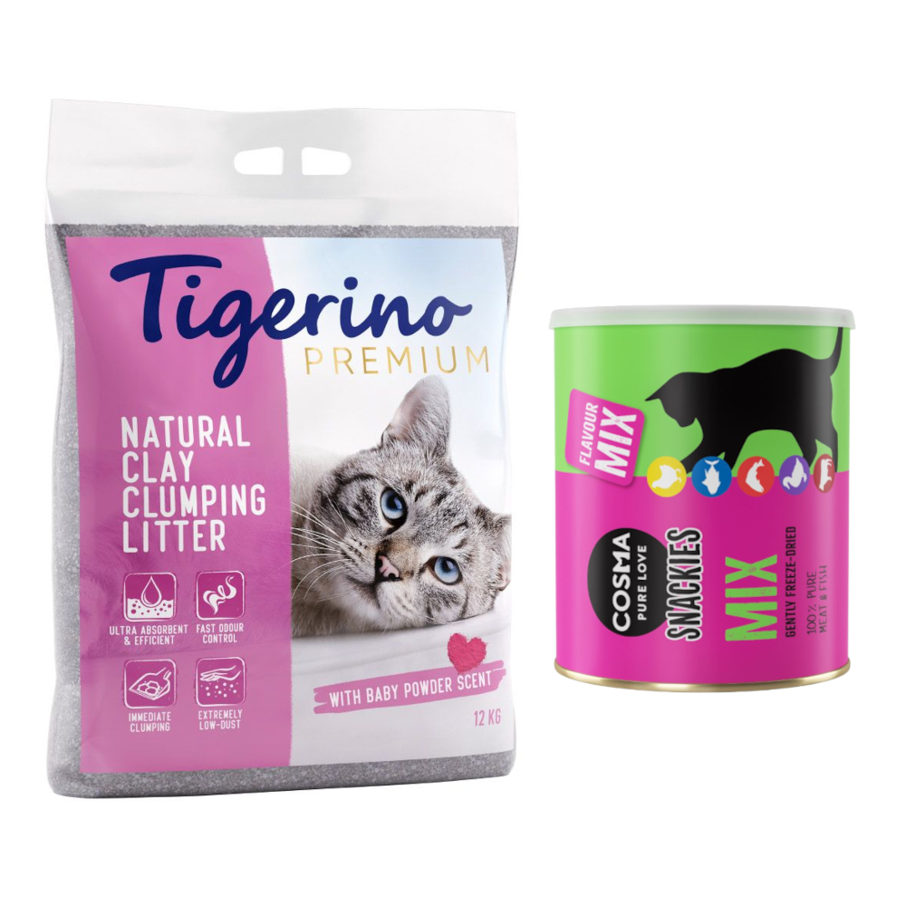 Kombi-Paket: Tigerino Premium Katzenstreu + Cosma Snackies Tube - 12 kg Babypuderduft + Maxi Mix 5 Sorten (150 g) von Cosma