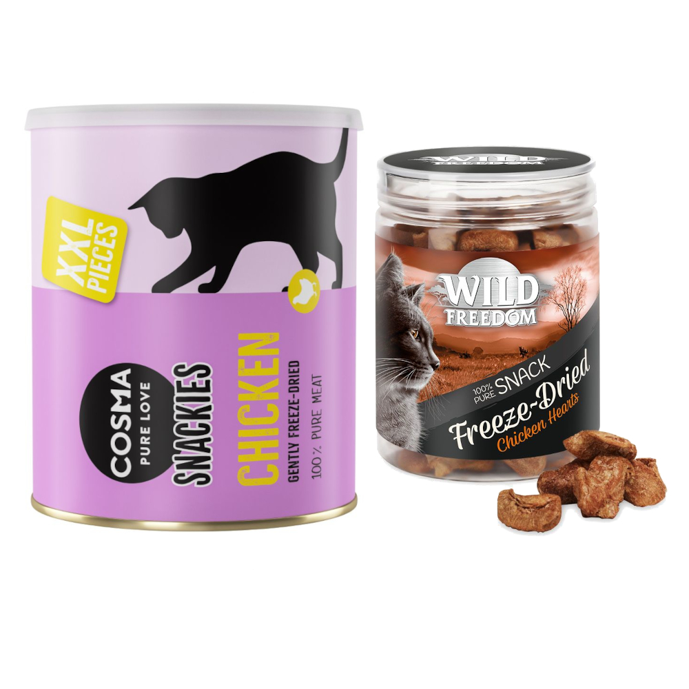 Kombi-Paket: Wild Freedom RAW - gefriergetrocknete Snacks + Cosma Snackies XXL Maxi Tube - RAW Hühnerherzen (3 x 45 g) + Snackies XXL Hühnchen (200 g) von Cosma
