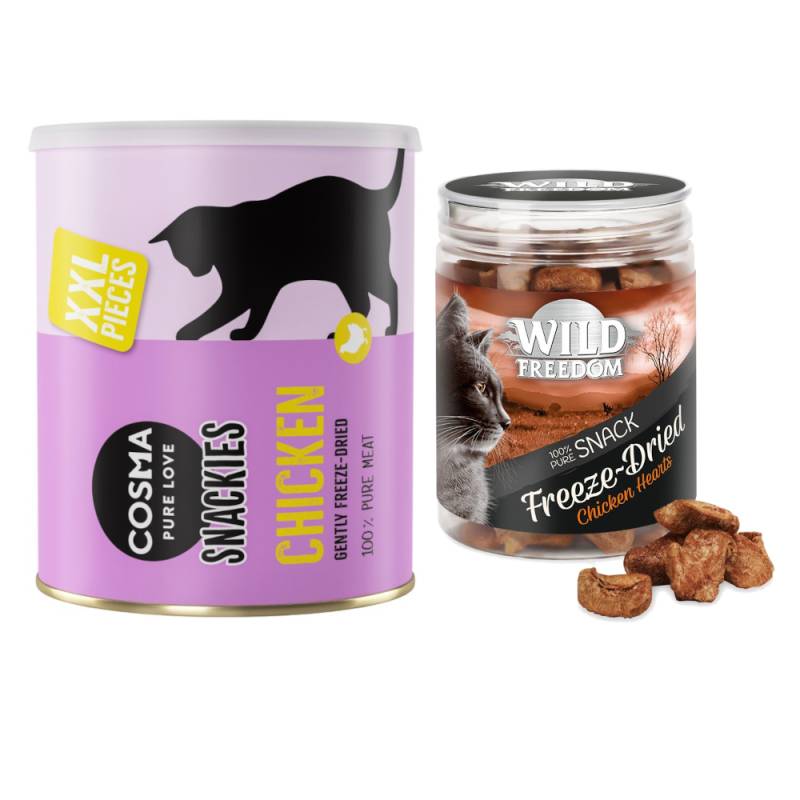 Kombi-Paket: Wild Freedom RAW - gefriergetrocknete Snacks + Cosma Snackies XXL Maxi Tube - RAW Hühnerherzen (3 x 45 g) + Snackies XXL Hühnchen (200 g) von Cosma