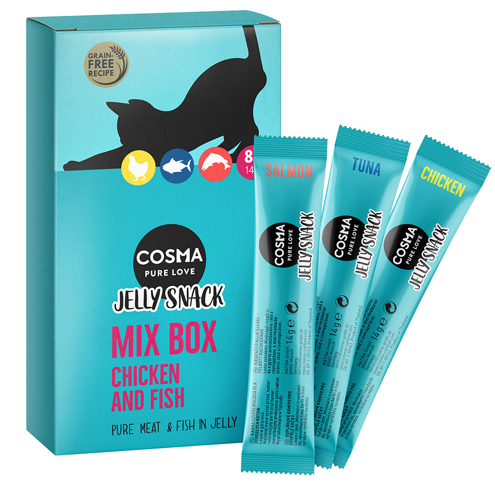 Sparpaket Cosma Jelly Snack 24 x 14 g - Mixpaket (9 x Hühnchenbrust, 9 x Thunfisch, 6 x Lachs) von Cosma