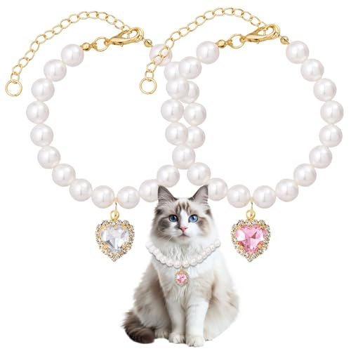 Cosmeria Verstellbare Perlen Haustierhalsband mit Herzförmigen Strasssteinen, 2 Farben, Elegantes Design für Kleine Katzen und Hunde Cosmeria Verstellbare Perlen Haustierhalsband mit Herzförmigen Strasssteinen, 2 Farben, Elegantes Design für Kleine Katzen und Hunde von Cosmeria