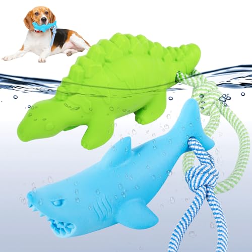 CoubonTail Hund Schwimmendes Spielzeug, Hund Kauspielzeug für aggressive Kauer, Poolspielzeug mit Seil für interaktives Apportieren & Spielen, Hund Strand Spielzeug Set (Hai+Dino) von CoubonTail