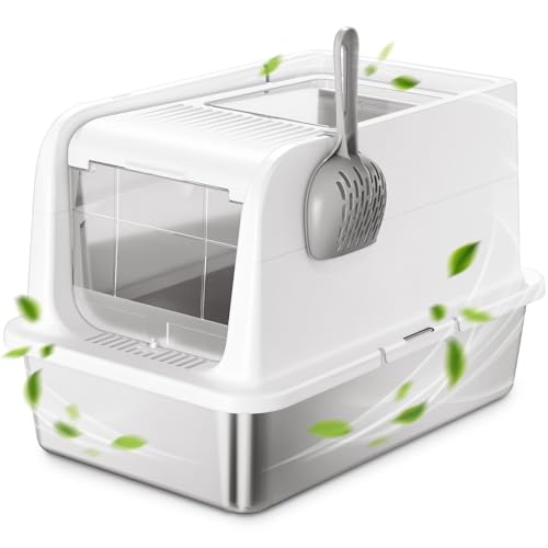 COURPAL® Katzentoilette aus Edelstahl mit Deckel – oben vorne 2 Türen abgedeckte Katzentoilette geschlossen offen verstellbar für einfache Reinigung – Haubentoilette mit Gehäuse – auslaufsicher, von Courpal