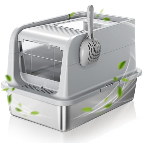 COURPAL® Katzentoilette aus Edelstahl mit Deckel: geschlossene offene verstellbare abgedeckte Katzentoilette – oben vorne 2-türige Katzentoilette mit hohem Gehäuse: leicht zu reinigen | von Courpal
