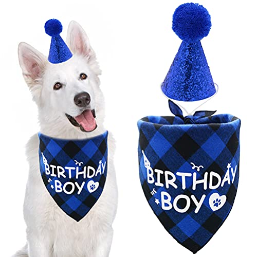 Hunde-Geburtstags-Halstuch und Hut-Set „Birthday Boy“ bedruckt, Plaid, Hunde-Partyzubehör, Dreieck-Schal, Lätzchen für kleine, mittelgroße und große Haustiere, blau von Covoroza