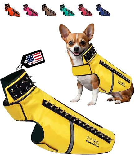 CoyoteVest SpikeVest Hundegeschirr, Weste für kleine Hunde, reflektierende Hundeweste mit Spikes, um dein Haustier vor Kojoten, Raptor- und Tierangriffen zu schützen, Anti-Hawk-Weste, USA (L-Gelb) von CoyoteVest