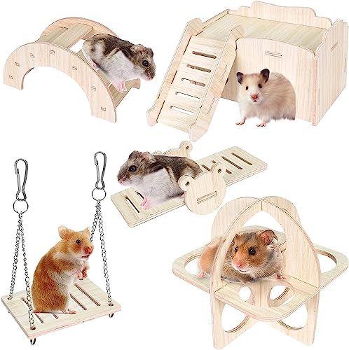 Cozlly 5 Stück Hamster Spielzeug aus Holz, Hamster Versteck Haus, Hamster Wippe, Brücke, Schaukel und Trainingspielzeug, Spielzeug zubehör für Hamster Rennmäuse Ratten Streifenhörnchen Chinchilla von Cozlly