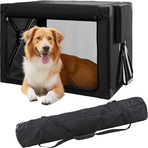 Cozzze Faltbare Hundebox – 94,4 cm, tragbare Hundebox für große Hunde, faltbare Hundebox mit abnehmbarer Aufbewahrungstasche, abnehmbarem Polster und Netzfenstern für draußen und drinnen (schwarz) von Cozzze