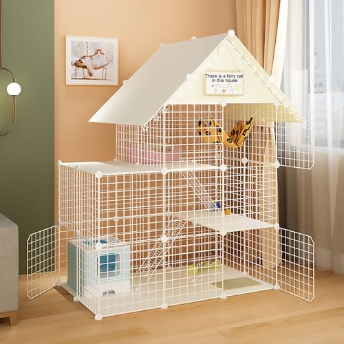 Freimontierbare Katzenkiste mit Dach, Abnehmbares 3-stöckiges Indoor-Katzengehege, Katzenhütten, für Katzen, Hase, Chinchilla (Style1 111x75x146) von CraftNestUK