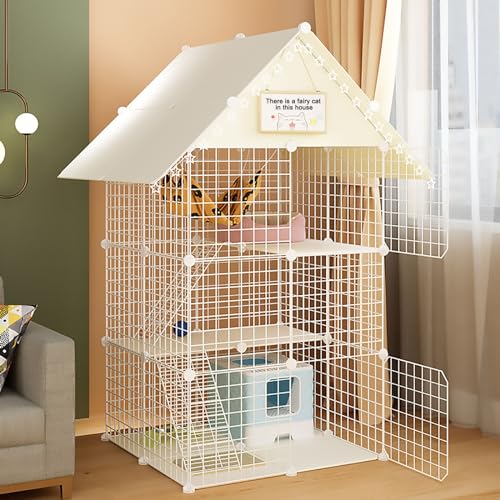 Freimontierbare Katzenkiste mit Dach, Abnehmbares 3-stöckiges Indoor-Katzengehege, Katzenhütten, für Katzen, Hase, Chinchilla (Style1 B) von CraftNestUK