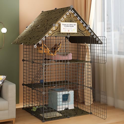 Freimontierbare Katzenkiste mit Dach, Abnehmbares 3-stöckiges Indoor-Katzengehege, Katzenhütten, für Katzen, Hase, Chinchilla (Style3A) von CraftNestUK