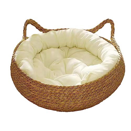 Craoopii Handgefertigtes Gras gewebtes Bett für Katze/Hund/Haustier | Katzenohrsteckerform | Wattepad | umlaufendes Kissen | (L, Weiß) von Craoopii