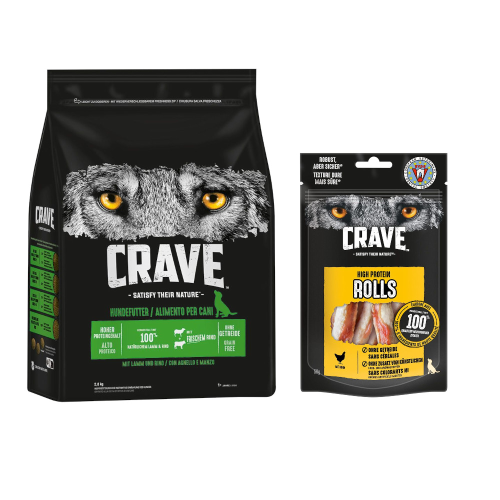 2,8 kg Crave Trockenfutter + 8 x 50 g High Protein Rolls zum Sonderpreis! - Adult mit Lamm & Rind + Huhn von Crave