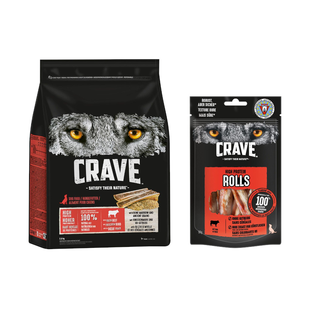 2,8 kg Crave Trockenfutter + 8 x 50 g High Protein Rolls zum Sonderpreis! - Rind mit Knochenmark & Urgetreide + Rind von Crave