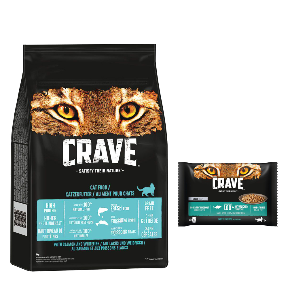 7 kg Crave Trockenfutter + 4 x 85 g Pouch Multipack zum Sonderpreis! - mit Lachs & Weißfisch + Sauce mit Thunfisch von Crave