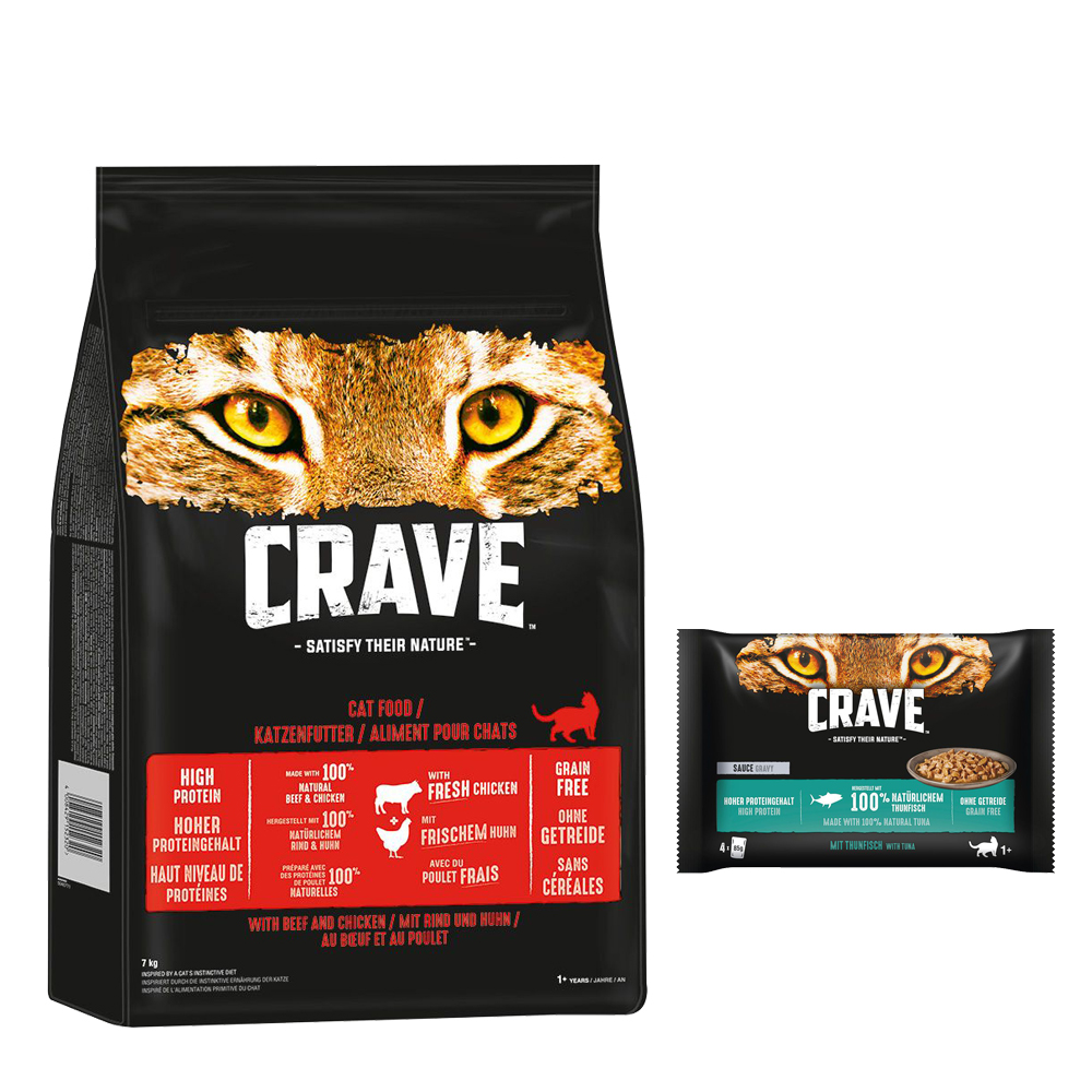 7 kg Crave Trockenfutter + 4 x 85 g Pouch Multipack zum Sonderpreis! - mit Rind & Huhn + Sauce mit Thunfisch von Crave