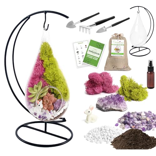 Creations by Nathalie - Pflanzen-Terrarium-Set, hängendes Glas-Terrarium-Starter-Kit für Erwachsene, Metallständer, Rentiermoos, Kristall und Felsen, Werkzeuge, Figur von Creations by Nathalie