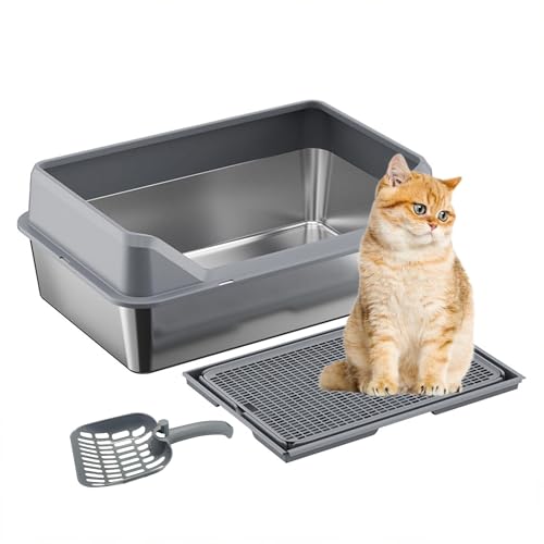 Creperture Katzentoilette Edelstahl, 38L Katzenklo Groß mit Hohen Seiten, 4 Geräuscharmen Anti-Rutsch Pads, Doppellagiger Katzenstreumatte und Schaufel, Leicht zu Reinigen,60 x 40 x 30 cm von Creperture
