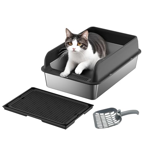 Creperture Katzentoiletten Edelstahl, 30L Große Katzentoilette mit Hohen Seitenwänden für Große Katzen, Spritzwassergeschützt Metall-Katzenklo,Doppellagige Katzenstreumatte,Schaufel,60x40x30cm,Schwarz von Creperture