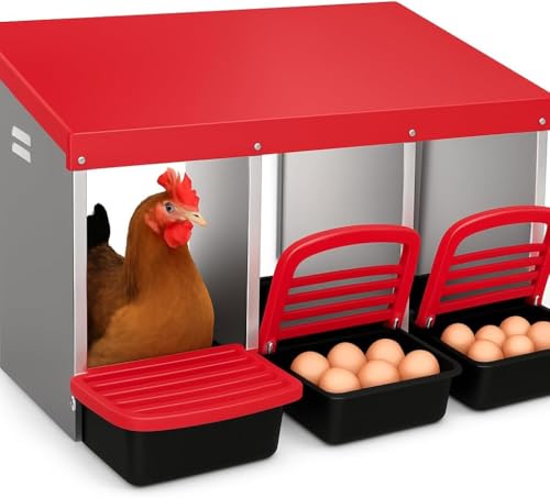 Creperture Legenest für Hühner, 3 Abteile Rollnestkasten Hühnernest aus Metall mit Geneigtem Boden, Lüftungslöchern, Leichte Reinigung Eiersammelboxen für Hühnerställe,80 x 52 x 47 cm,Rot von Creperture