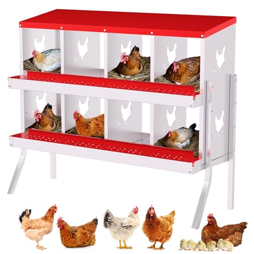 Creperture Legenest für Hühner, 8 Fächer Rollnestkasten Hühnernest aus Metall mit Geneigtem Boden, Lüftungslöchern,Leichte Reinigung Große Hühnerstall Eiersammelboxen,108 x 43 x 89.5 cm,Rot von Creperture