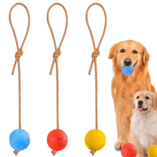 Cresbel 3 Stück Wurfball Hund: 7cm Hundespielzeugball mit Seil, Naturkautschuk Ball, Weich und Elastisch, Unzerstörbarer Hundeball für Große & Kleine Hunde Werfen Weite Würfe Fangen(Rot, Gelb, Blau) von Cresbel