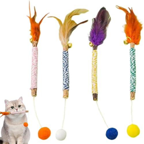 4 Stück Katzenkaustäbchen Spielzeug Kätzchen Zähne Katzenminze Spielzeug mit Federn Natürliche Reinigung Katzenminze Spielzeug mit Glocke Natürliches Katzenkauspielzeug für Indoor Katze Zähne von Cretvestsar