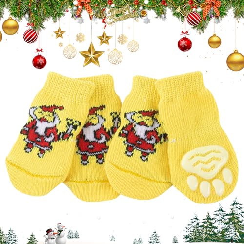 4 Stück Weihnachten Anti-Rutsch-Hundesocken Weihnachtsmann Stricksocken Socken Hunde Verhindern Sie Lecken Durch Tragen Haustierpfotensocken für Kleine Mittelgroße Hunde Hartholzböden Laufen (Gelb) von Cretvestsar