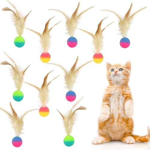Cretvestsar Katzen-Hüpfbälle mit Federn – 10 Stück, 2,5 cm, interaktive Gummi-Spielbälle, Spielzeug für Katzen, Indoor-Spielzeit, Solo-Spiel, Übung, Jagdspiele (zweifarbig) von Cretvestsar