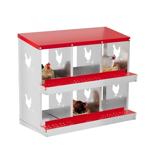 Crevyteg Hühner-Nistkasten, 2-stöckig, Metall, Hühnerei-Legebox mit wasserabweisendem Schrägdach, einfache Reinigung, Eiersammelboxen für Hühner, Hühner, Enten, 6 Fächer, Rot von Crevyteg