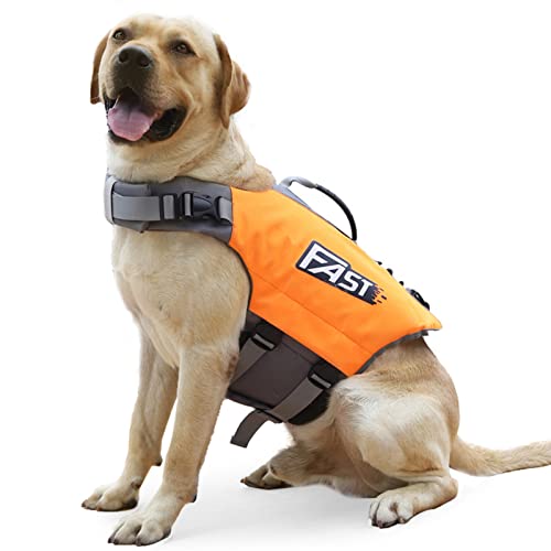 Crevyteg Schwimmweste Hund, Ripstop Hunde Rettungsweste, Verstellbare Größe Hundeschwimmweste mit Griff und Reflektierend für Kleine Mittlere und Große Hunde (Orange Größe L) von Crevyteg