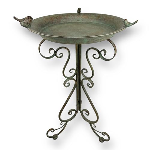 Crispe home & garden Vogeltränke Leon | Stehendes Vogelbad aus Metall Ø 41,5 cm im Vintage-Stil | Höhe 75,5 cm | Wetterfest & dekorativ | Antikgrün | Gartendeko & Tränke für Vögel & Insekten von Crispe home & garden