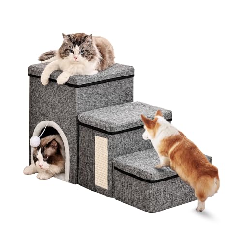 Crispedia Hundetreppe für kleine Hunde mit Stauraum und Höhle, Haustiertreppe für kleine und mittelgroße Hunde und ältere Katzen, Hundetreppe für Bett oder Couch, unterstützt bis zu 81,6 kg, 75 x 43,2 von Crispedia