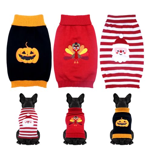 3er-Pack Strickpullover-Set für Hunde und Katzen, Hundekleidung mit Weihnachtsmann-Muster, Kürbis, Truthahn, Haustierkostüme, Hundepullover für den Urlaub (Größe M) von CristBest