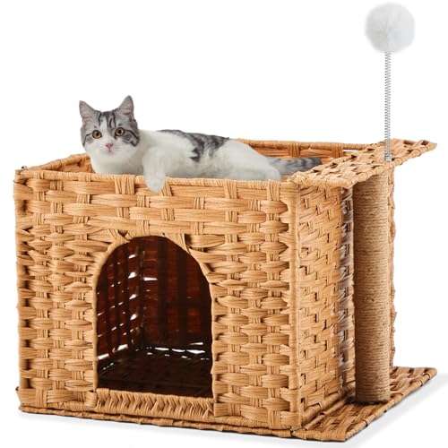 CroBlissful Rattan-Katzentoilette, Möbel, Katzenbett, Höhle für Innen, Kätzchen, handgewebt, verstecktes Haustierwürfelhaus mit flauschigem Ball, Sisalpfosten für Wohnzimmer, Schlafzimmer, 47 x 34 x von CroBlissful