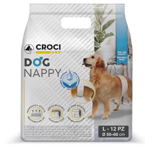 Croci Hundewindel - Hundewindeln für Rüden - Hundeunterhose zum Pinkeln - Hygiene Wickelwindel für Rüden, geruchshemmend, Einweg, 12 Stück, Größe L, 50-60 cm von Croci