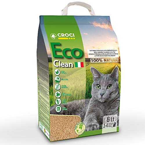 Croci Eco Clean Litter 6 L – klumpende Katzenstreu, biologisch abbaubar, spült in der Toilette, 100 % pflanzlich, langlebiger geruchshemmender Sand von Croci